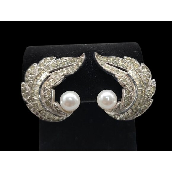 Jomaz Jewelry - Jomaz Rhinestone Paved Winged Clip On Earrings Faux Pearl Accent Vintage Patent